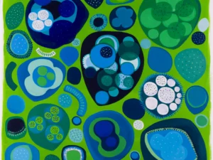 Painting with abstract rounded cellular shapes and clustered circular forms in green