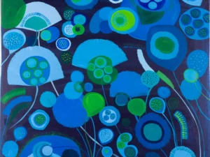 Painting with abstract rounded plant-like forms and stems in blue