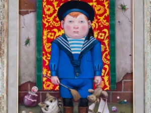 Oil painting with a centered child in a blue sailor suit standing before a red and yellow floral patterned hanging