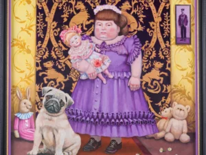 Oil painting with a centrally placed young girl in a purple dress holding a doll