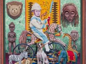 Oil painting with a child in a white sailor outfit riding a horse-shaped bicycle