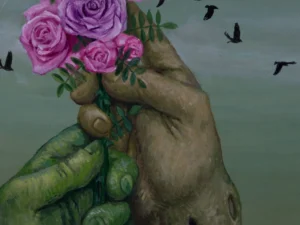 with black birds in a pale green sky. The palette is dominated by green