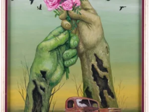 Oil painting with two decayed hand-like forms holding a bouquet of pink and violet roses above a rusted pickup truck