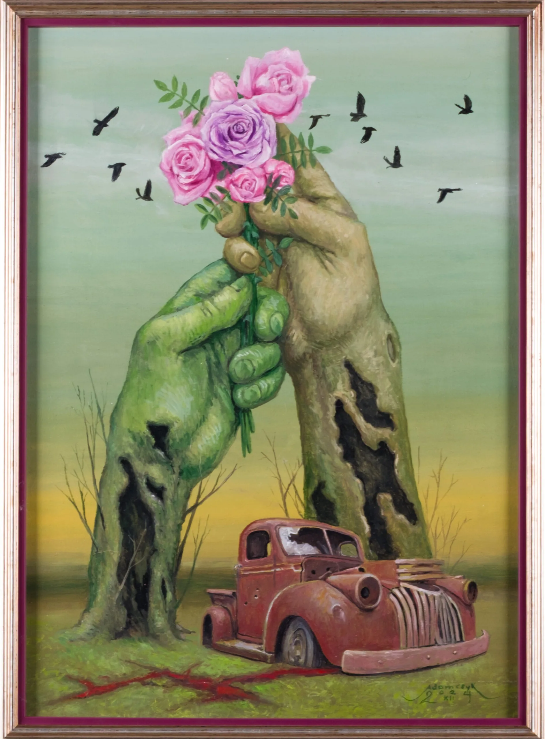 Oil painting with two decayed hand-like forms holding a bouquet of pink and violet roses above a rusted pickup truck
