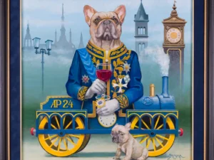 Oil painting with a central French bulldog in a blue decorated uniform seated in a small steam locomotive