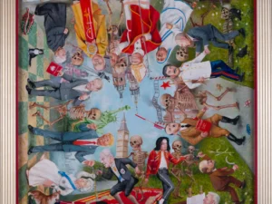 Oil painting with a crowded procession of suited figures