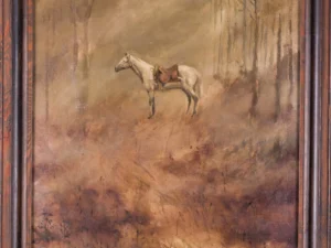 Painting with a saddled white horse in a muted ochre
