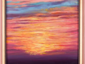 Painting with a framed sunrise over water in pink