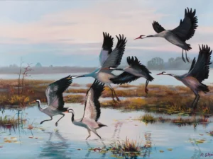 Painting with cranes flying and standing in a marsh landscape in pale blue