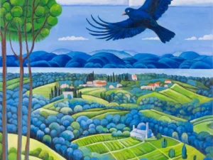 Painting with a blue bird over rolling green and blue landscape