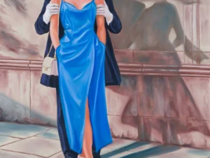 Painting with a headless couple and shadow profiles on a wall in blue