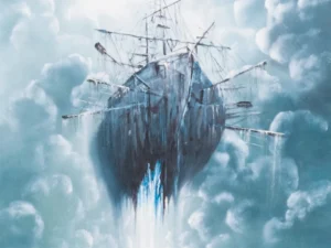 Painting with a floating ship-like structure above small figures in teal