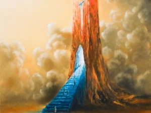 Painting with a red tower