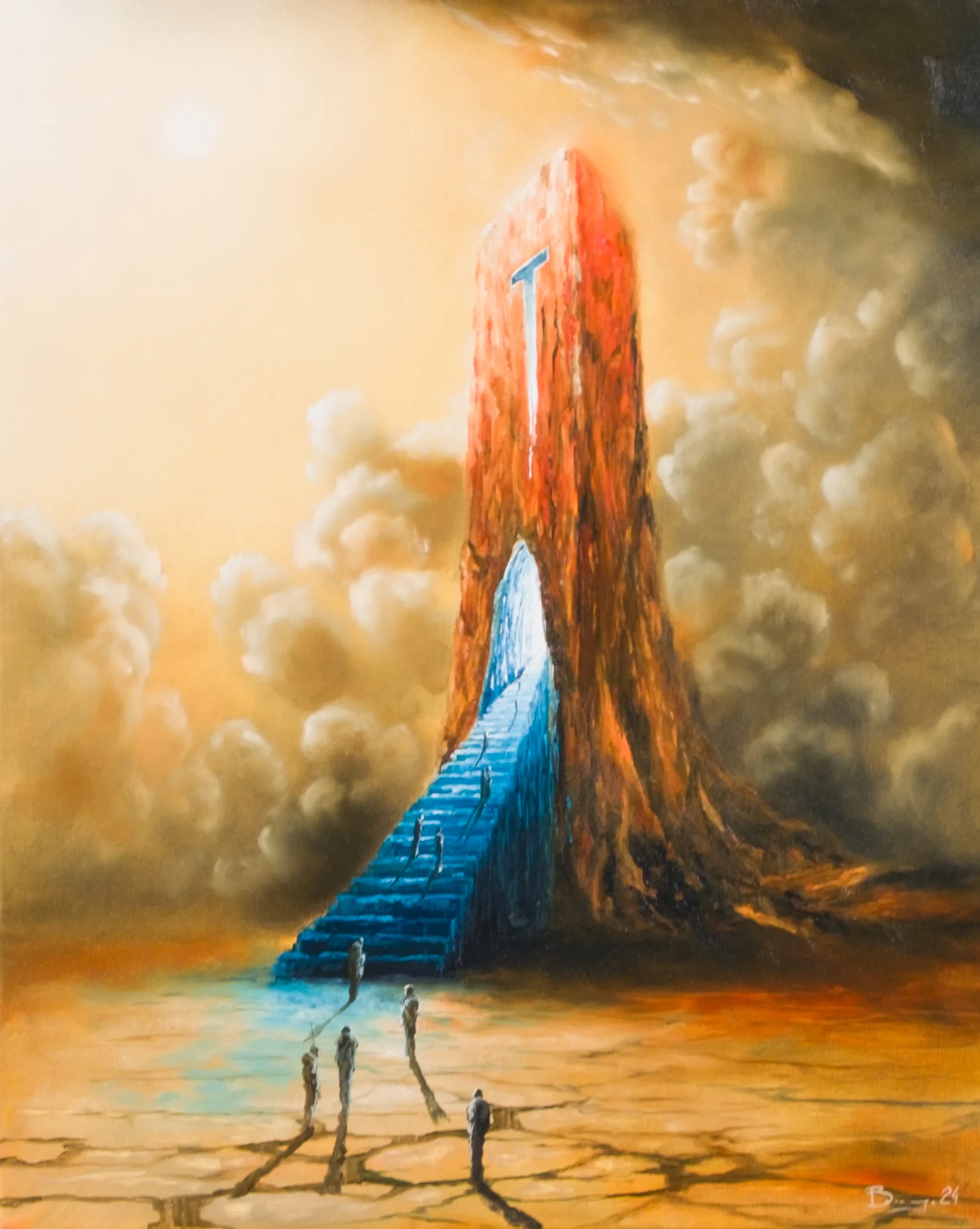 Painting with a red tower