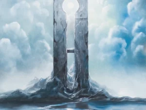 Painting with two gray towers in a blue-white cloudy landscape with water reflections.