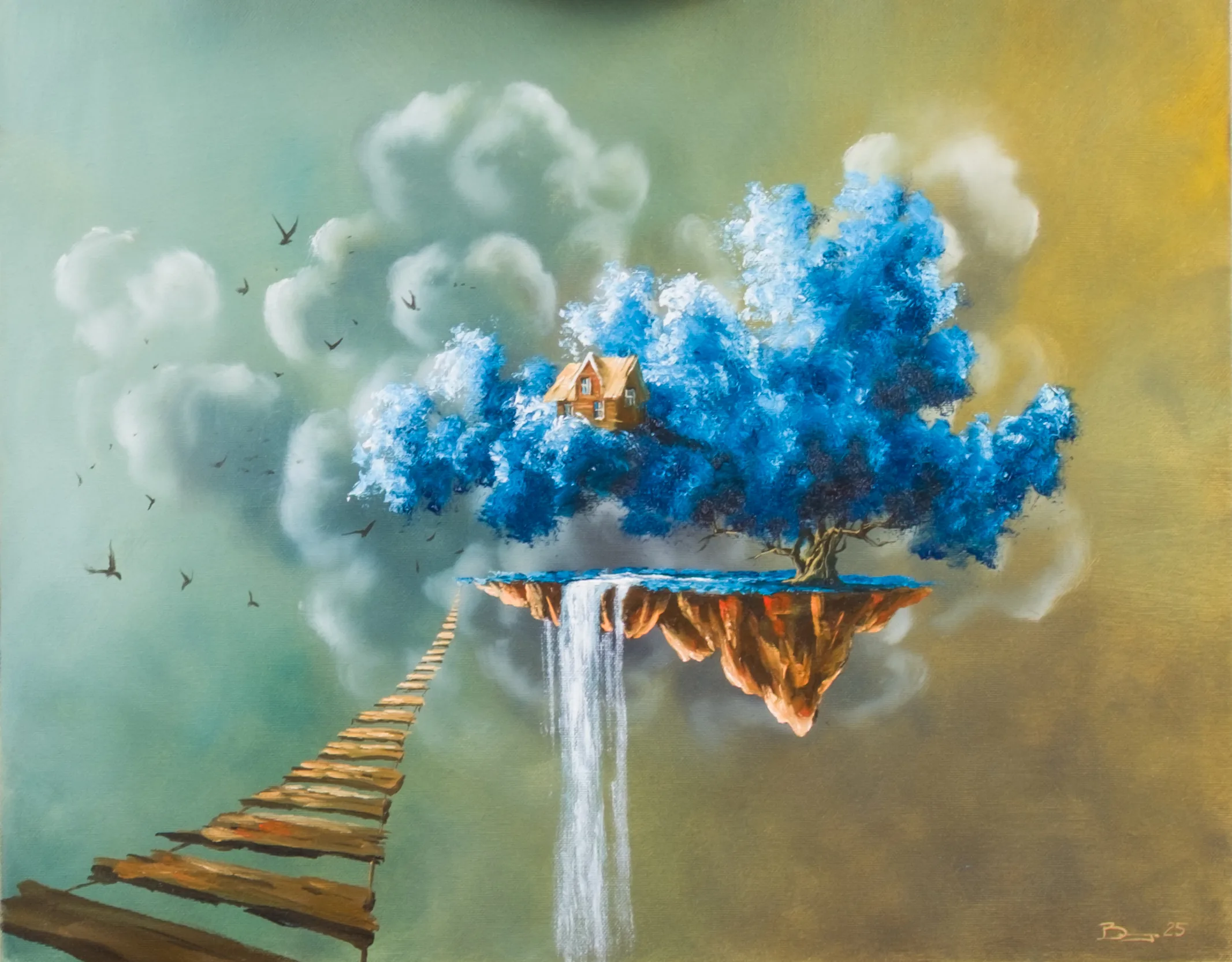 Painting with a floating island