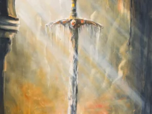 Painting with a central upright sword in smoky gray