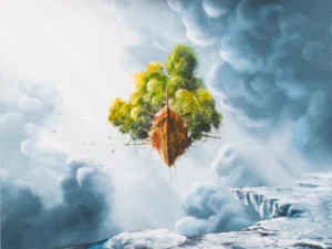 Painting with a floating wooded mass in blue-gray clouds