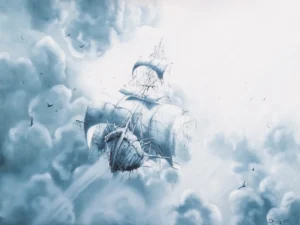 Painting with a suspended ship-like form among clouds in blue-gray and white.
