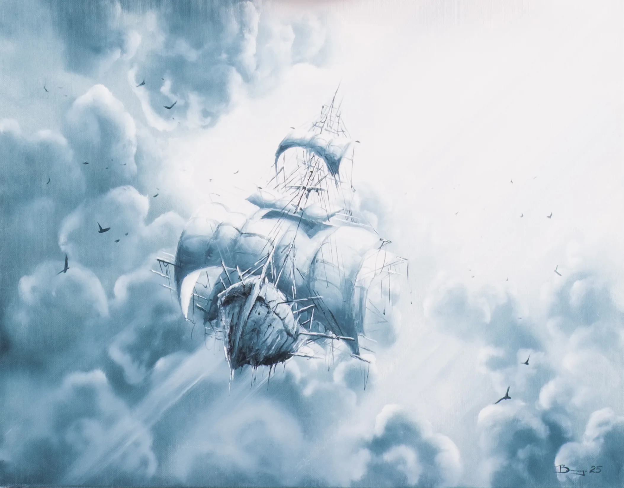 Painting with a suspended ship-like form among clouds in blue-gray and white.