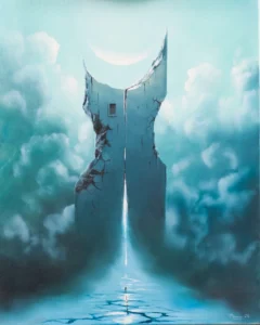 Painting with a fractured central tower