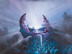 Painting with crescent rock formations