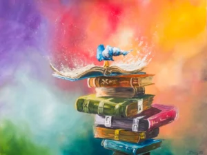 Painting with a stack of books and an open book in multicolored violet