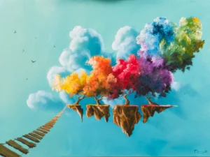 Painting with floating tree islands and a narrow bridge in turquoise