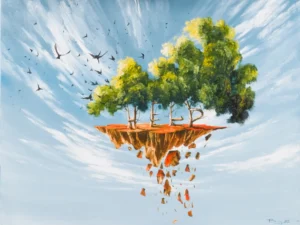 Painting with a floating tree-covered island