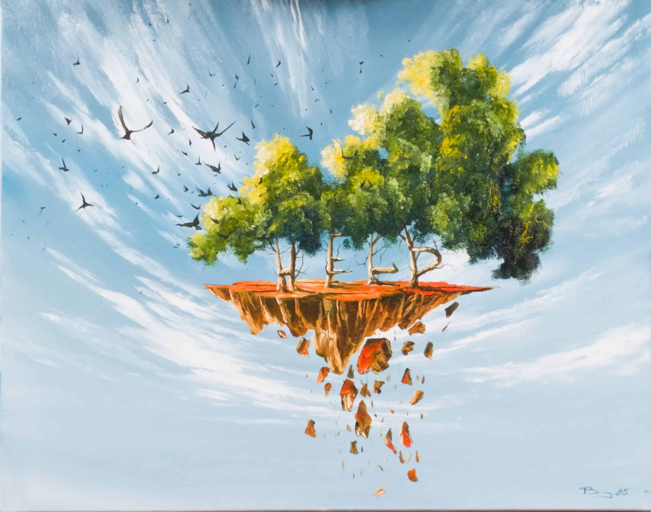 Painting with a floating tree-covered island
