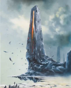 Painting with a jagged vertical rock tower and small figures in blue-gray tones with orange fissures.