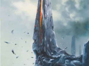 Painting with a jagged vertical rock tower and small figures in blue-gray tones with orange fissures.