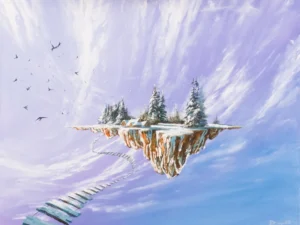 Painting with a floating snowy village