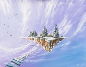 Painting with a floating snowy village