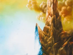 Painting with a rocky cliff