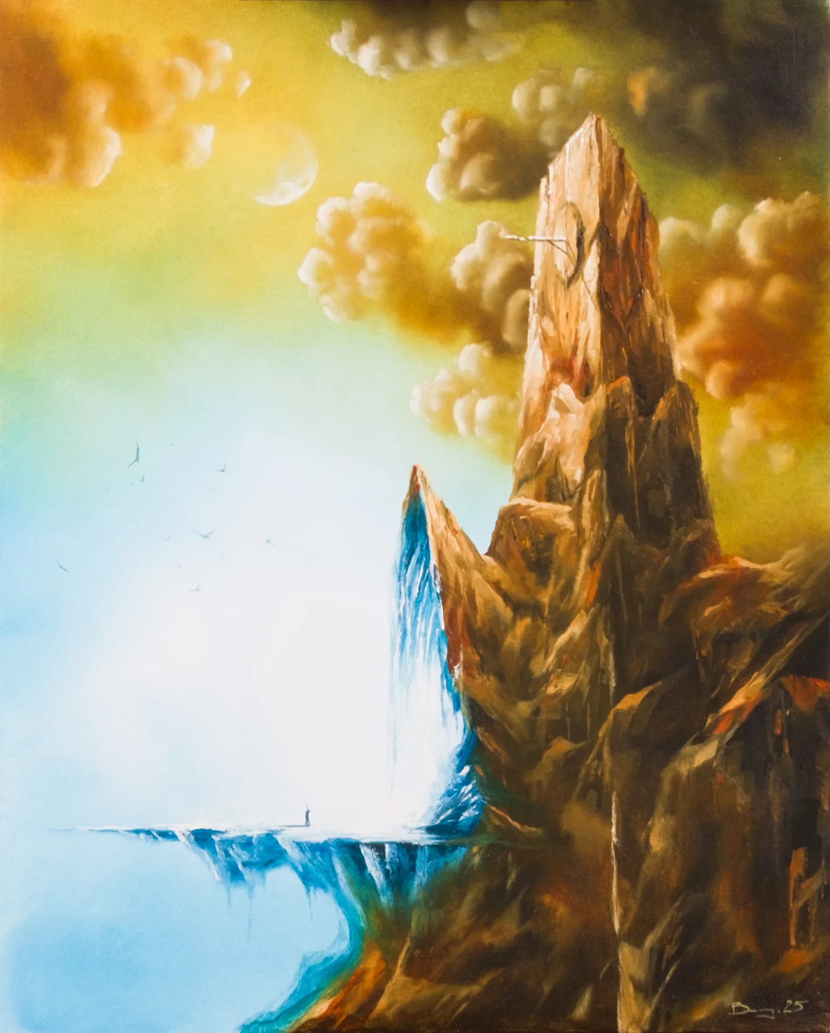 Painting with a rocky cliff