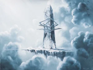 Painting with a clocktower on a floating platform among clouds in blue-gray and white tones.