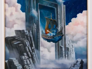 Painting with a small sailing vessel among ruined stone structures