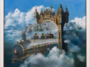 Painting with a steam locomotive and ornate gate among clouds in blue