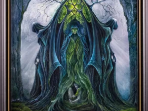 Painting with robed figures in a dark forest scene in blue