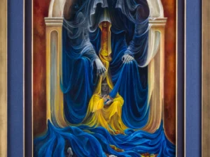 Painting with draped seated figures under an arch in blue
