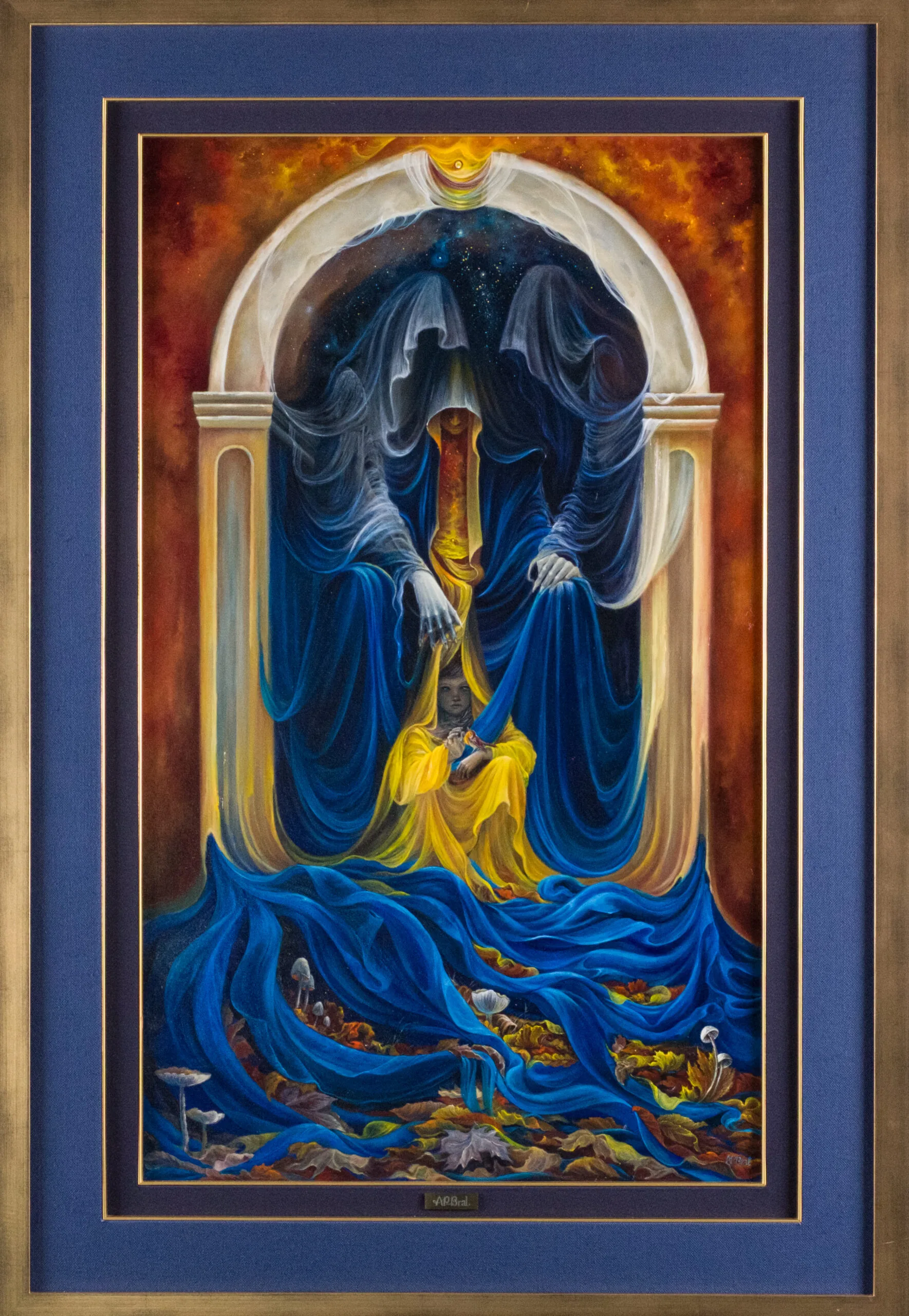 Painting with draped seated figures under an arch in blue