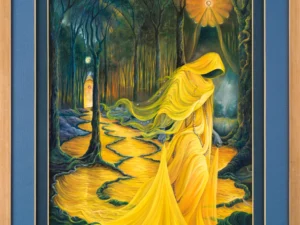 Painting with a yellow-draped figure in a dark forest