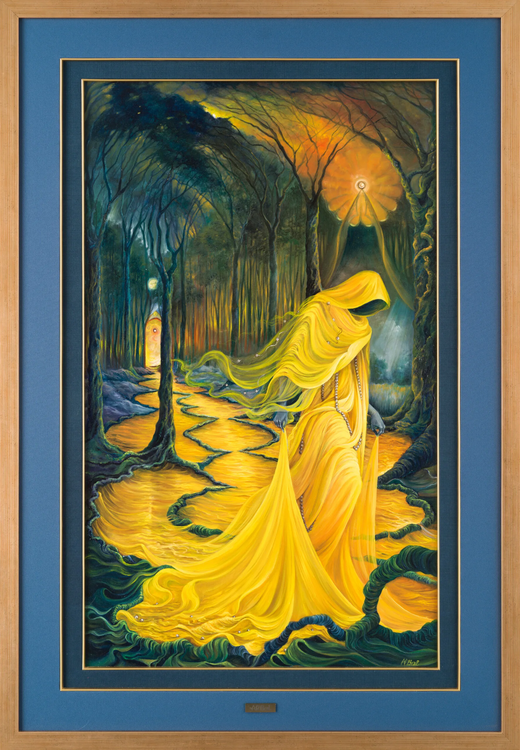 Painting with a yellow-draped figure in a dark forest