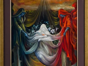 Painting with three draped figures around a pale central form in red