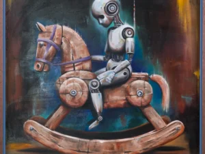 Painting with a robot riding a wooden rocking horse in brown