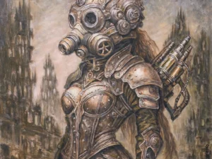 Painting with a central armored masked figure in brown