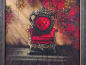 Painting with an ornate red armchair