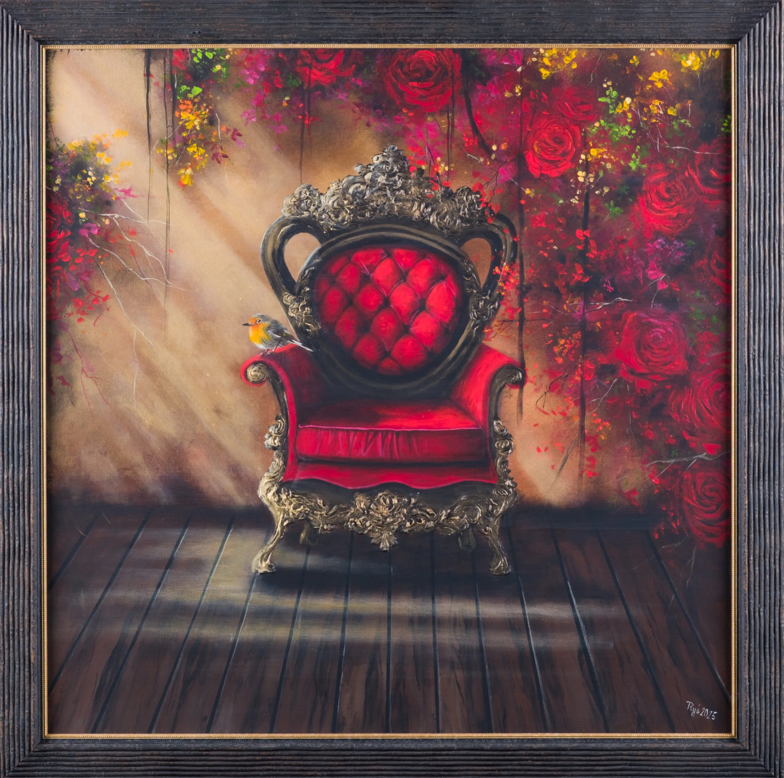 Painting with an ornate red armchair