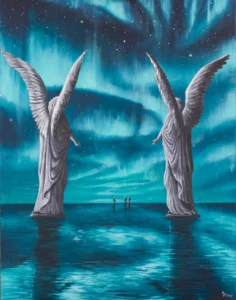 Painting with two winged figures facing a teal-blue night sky and reflective water with small figures in the distance.